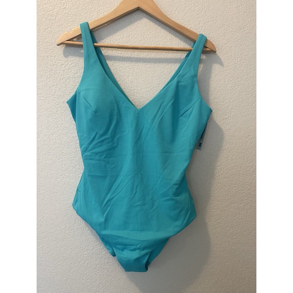 Spanx NEW Women's Pique Shaping Plunge One-Piece Swimsuit Turquoise Size XL